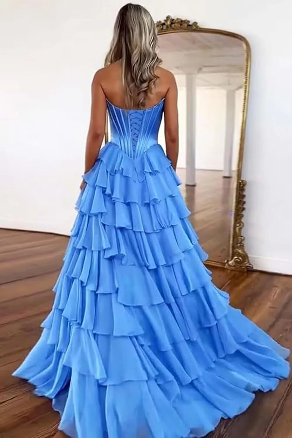 A-Line Tiered Chiffon Prom Dresses Strapless Appliques Evening Dresses with Slit Corset Back