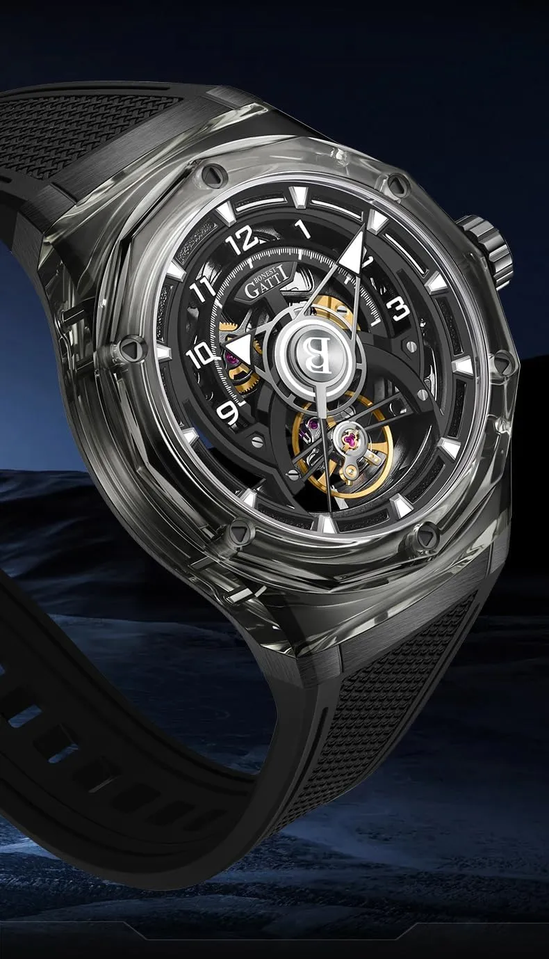 ACHARD BONEST Gatti Men Automatic Watch 45mm Mechanical Wristwatch Crystal Case Sapphire Luminous Fluororubber Strap Skeleton Dial (Black)