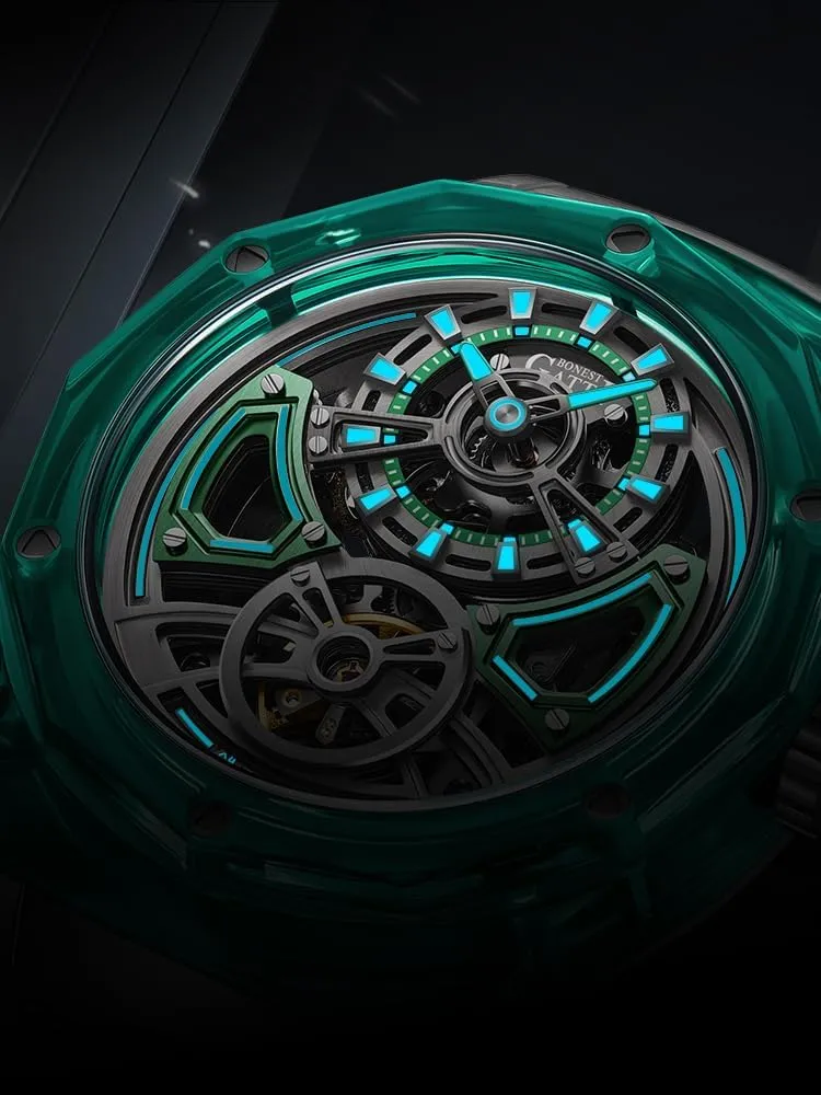 ACHARD BONEST Gatti Men Automatic Watch 45mm Mechanical Wristwatch Crystal Case Sapphire Luminous Fluororubber Strap Skeleton Dial (Men Watch 1)