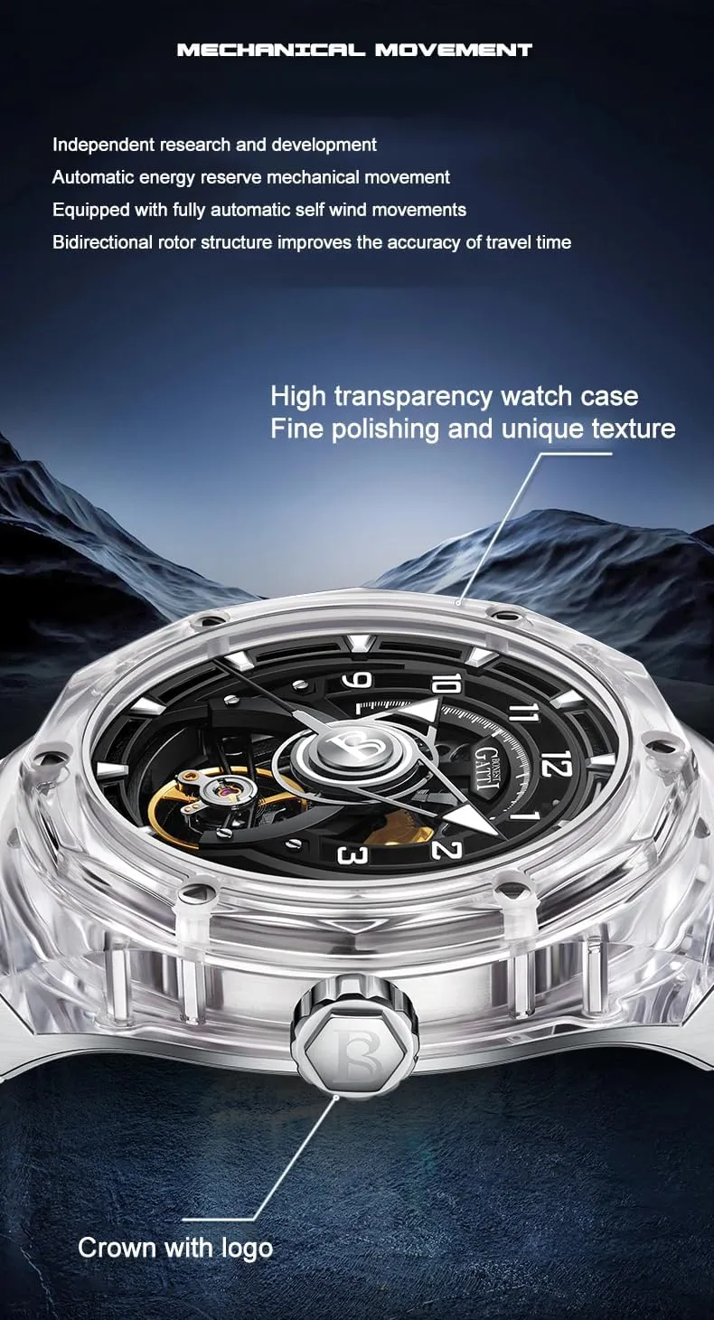 ACHARD BONEST Gatti Men Automatic Watch 45mm Mechanical Wristwatch Crystal Case Sapphire Luminous Fluororubber Strap Skeleton Dial (White)