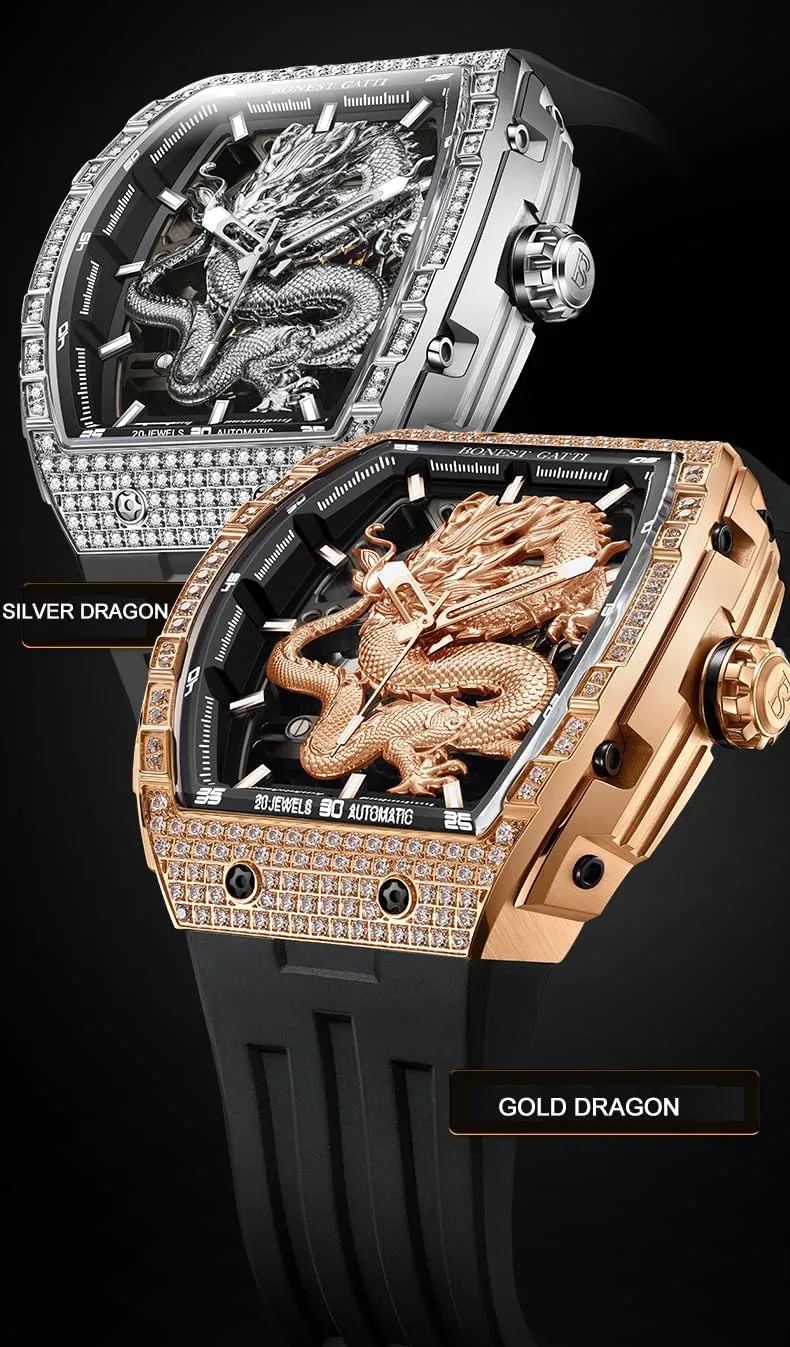 ACHARD BONEST Gatti Men Automatic Watch Luxury 51MM Tonneau Mechanical 5ATM Sapphire Luminous Dragon Dial Fluororubber Strap (Men Watch 4)