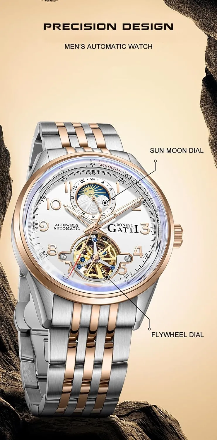 ACHARD BONEST Gatti Mens Automatic Watches 42mm Fashion Mechanical Wristwatch 5ATM Sapphire Luminous Skeleton Flywheel Dial 24 Hours Sun-Moon Dial