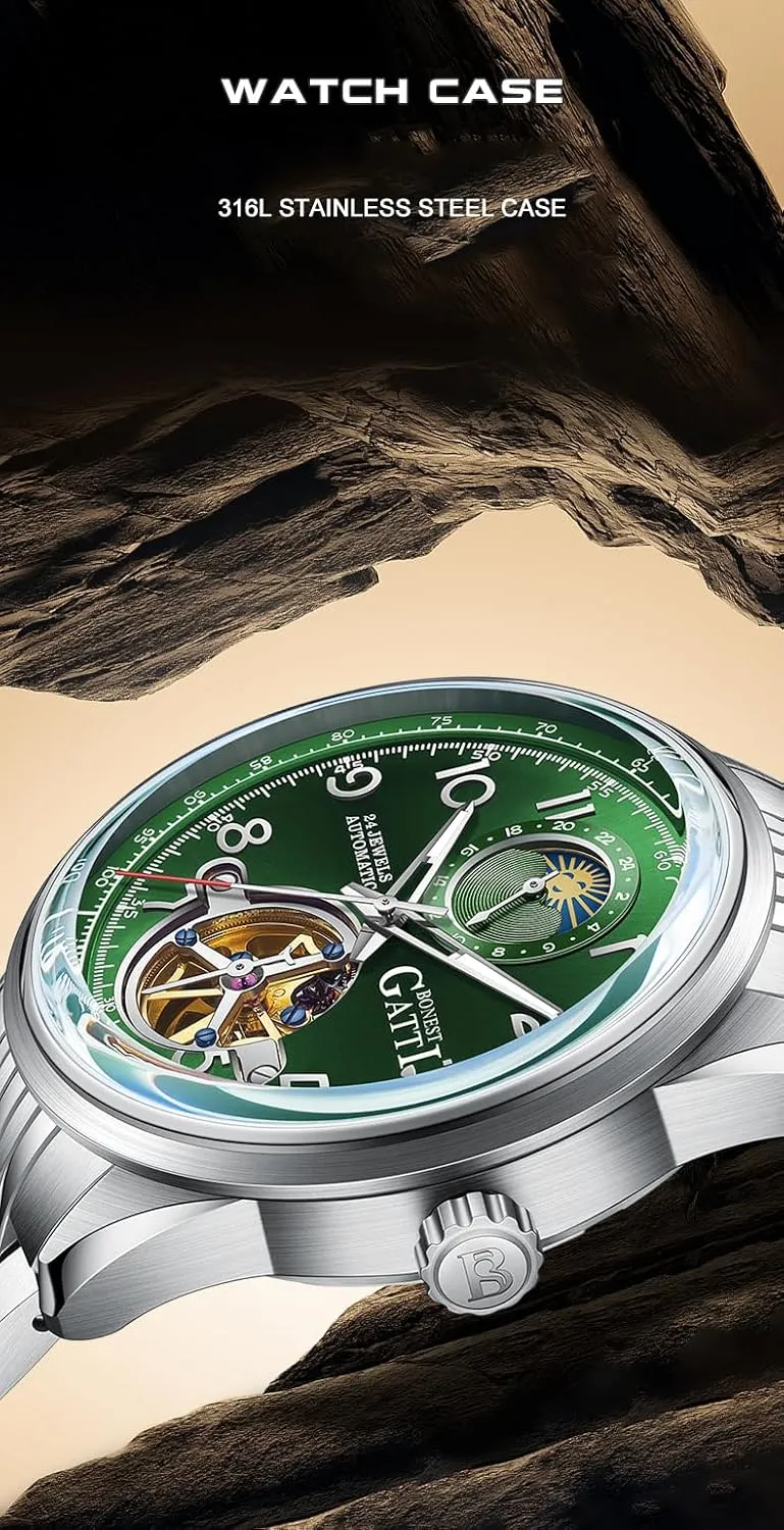 ACHARD BONEST Gatti Mens Automatic Watches 42mm Fashion Mechanical Wristwatch 5ATM Sapphire Luminous Skeleton Flywheel Dial 24 Hours Sun-Moon Dial