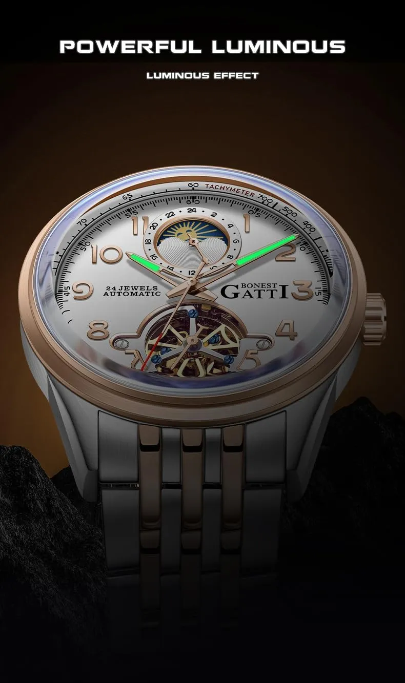 ACHARD BONEST Gatti Mens Automatic Watches 42mm Fashion Mechanical Wristwatch 5ATM Sapphire Luminous Skeleton Flywheel Dial 24 Hours Sun-Moon Dial