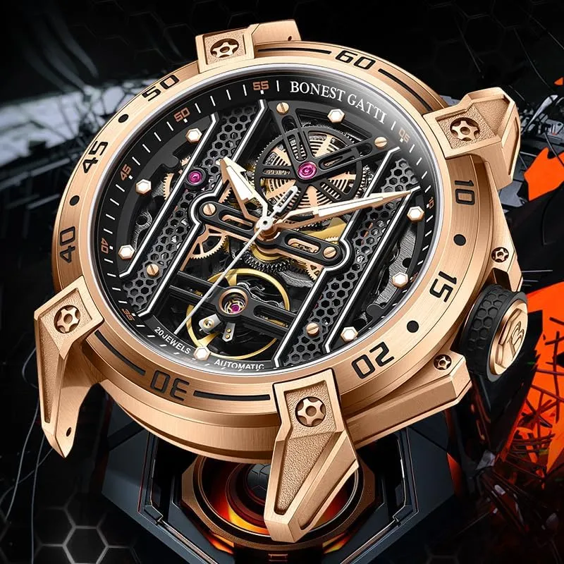 ACHARD BONEST Gatti Mens Automatic Watches 45mm Mechanical Wristwatch 5ATM Sapphire Skeleton Dial Luminous Fluororubber Strap