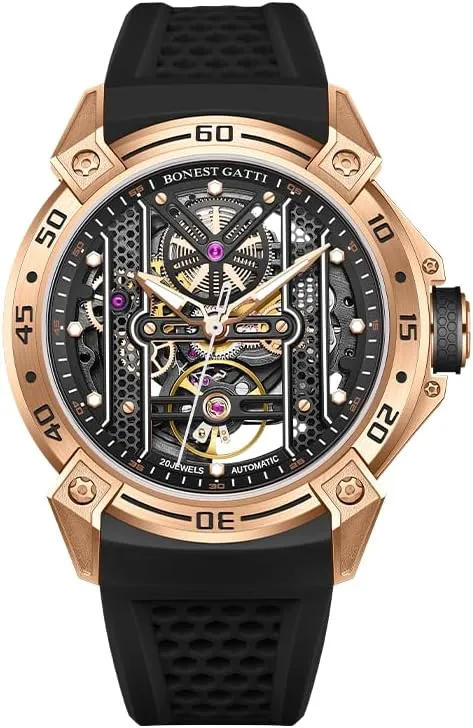 ACHARD BONEST Gatti Mens Automatic Watches 45mm Mechanical Wristwatch 5ATM Sapphire Skeleton Dial Luminous Fluororubber Strap