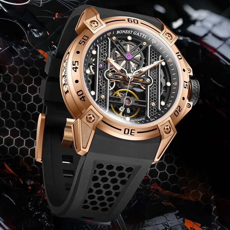 ACHARD BONEST Gatti Mens Automatic Watches 45mm Mechanical Wristwatch 5ATM Sapphire Skeleton Dial Luminous Fluororubber Strap