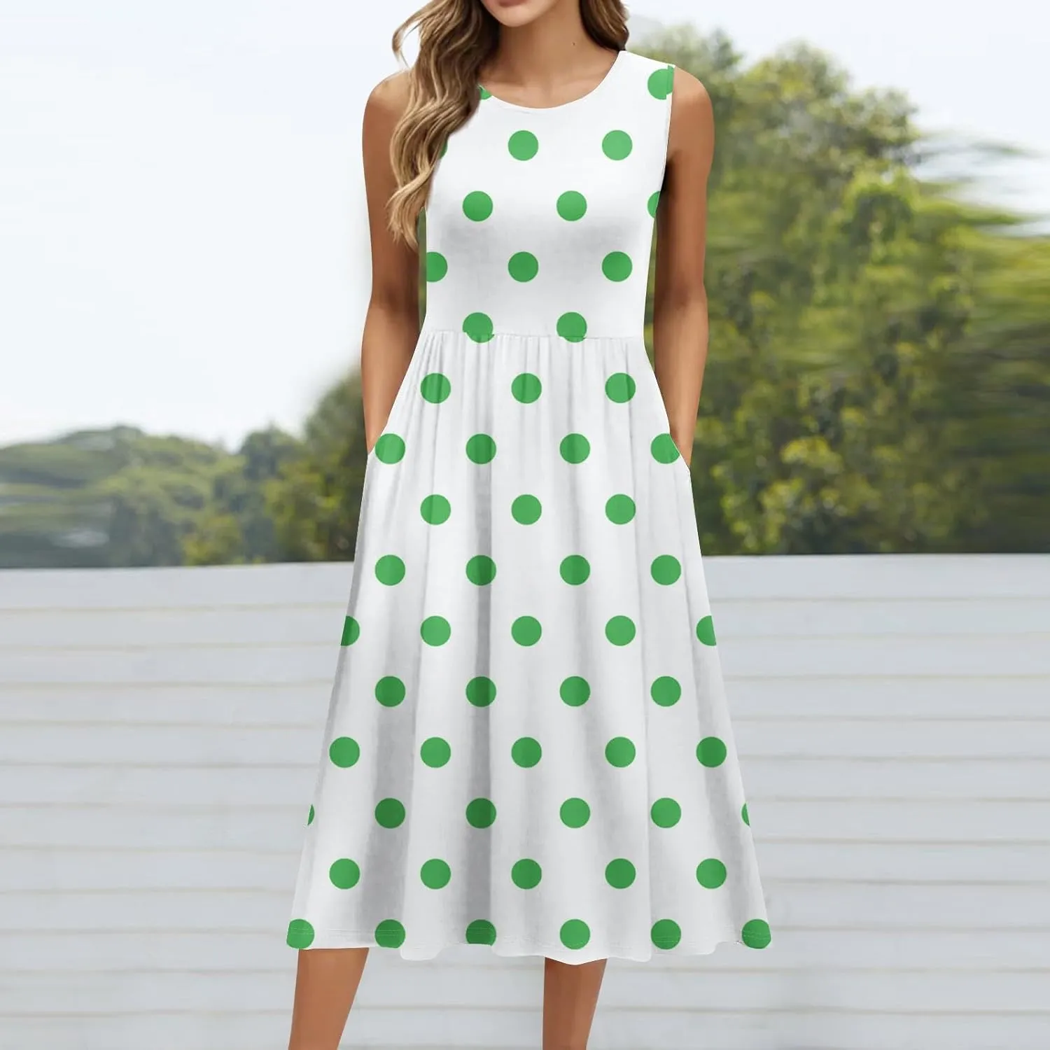 ADHOWBEW Dresses for Women 2025 Round Neck Flowy Casual Plus Size Sexy Vacation Sleeveless Long Dresses
