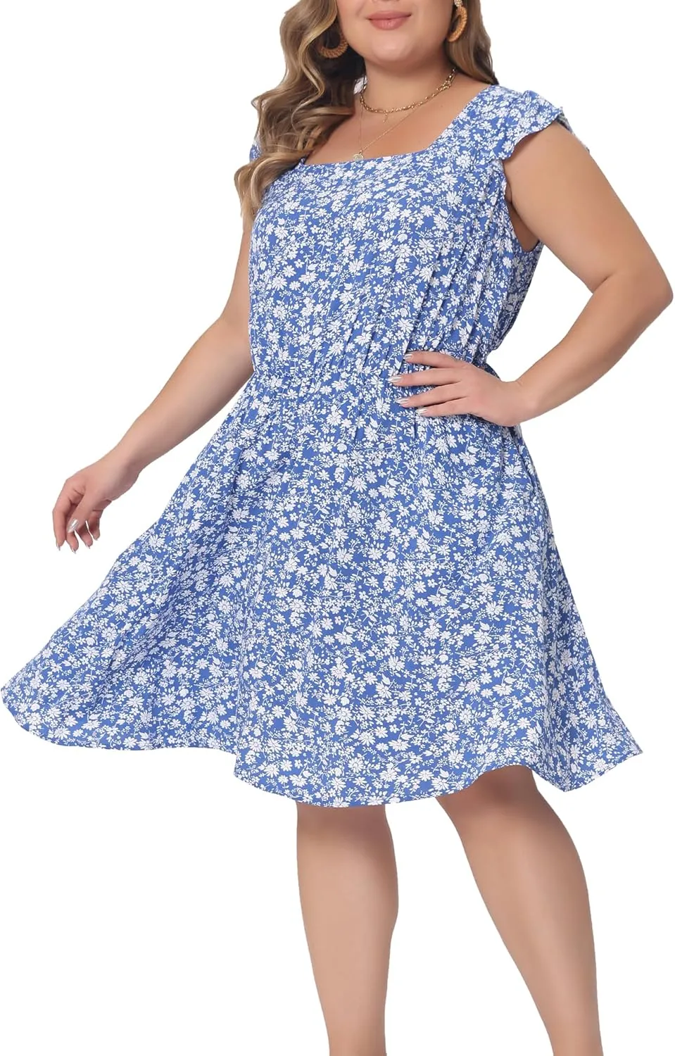 Agnes Orinda Plus Size Summer Dresses for Women Square Neck Ruffle Short Sleeve Casual Midi Dress