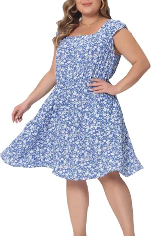 Agnes Orinda Plus Size Summer Dresses for Women Square Neck Ruffle Short Sleeve Casual Midi Dress