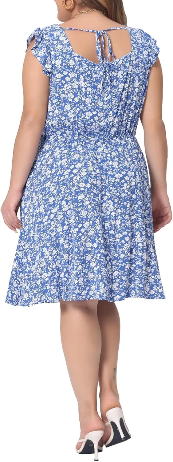 Agnes Orinda Plus Size Summer Dresses for Women Square Neck Ruffle Short Sleeve Casual Midi Dress