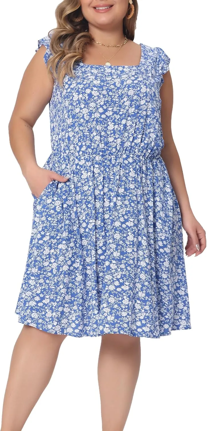 Agnes Orinda Plus Size Summer Dresses for Women Square Neck Ruffle Short Sleeve Casual Midi Dress
