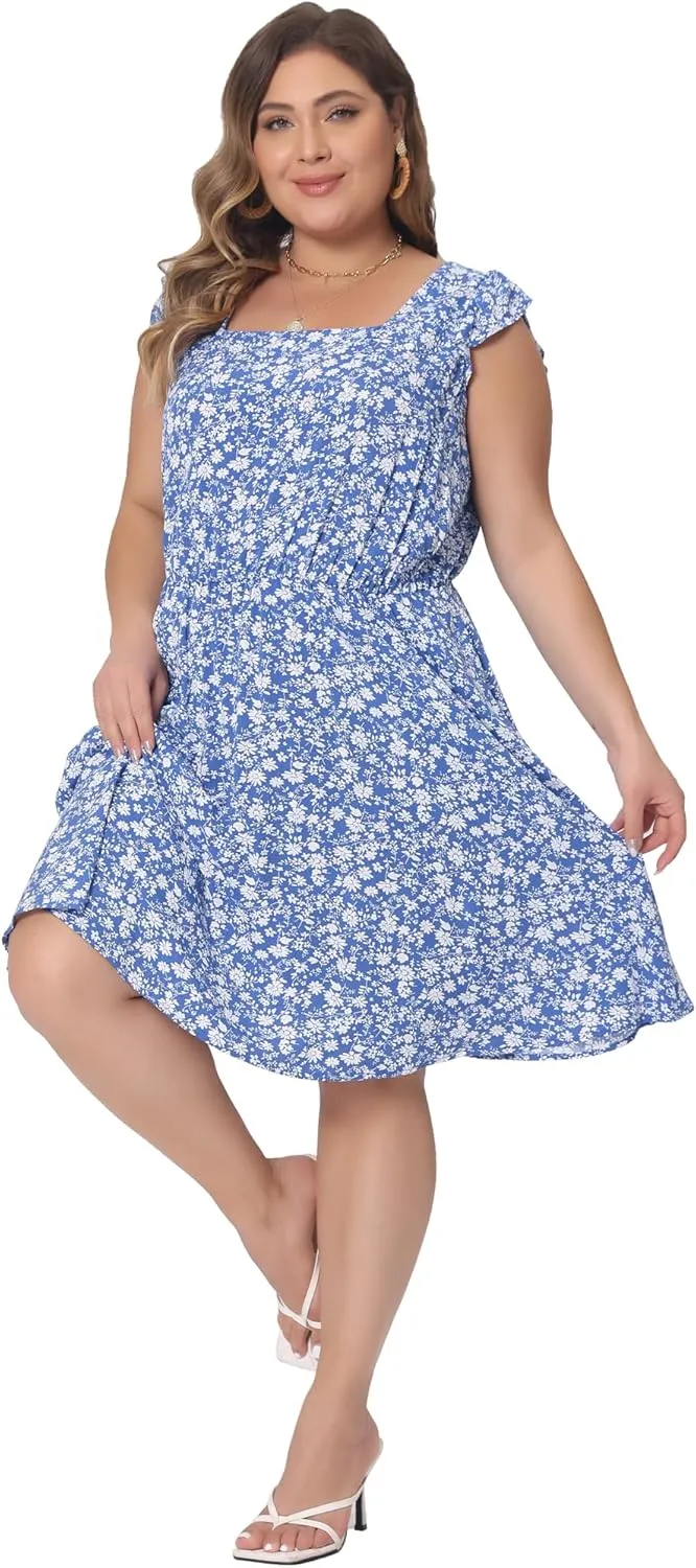 Agnes Orinda Plus Size Summer Dresses for Women Square Neck Ruffle Short Sleeve Casual Midi Dress