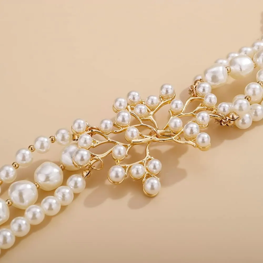 Aimimier 1920s Multilayer Faux Pearl Choker Necklace and Earrings Baroque Pearls with Dainty Coral Design for Women (Style 4)