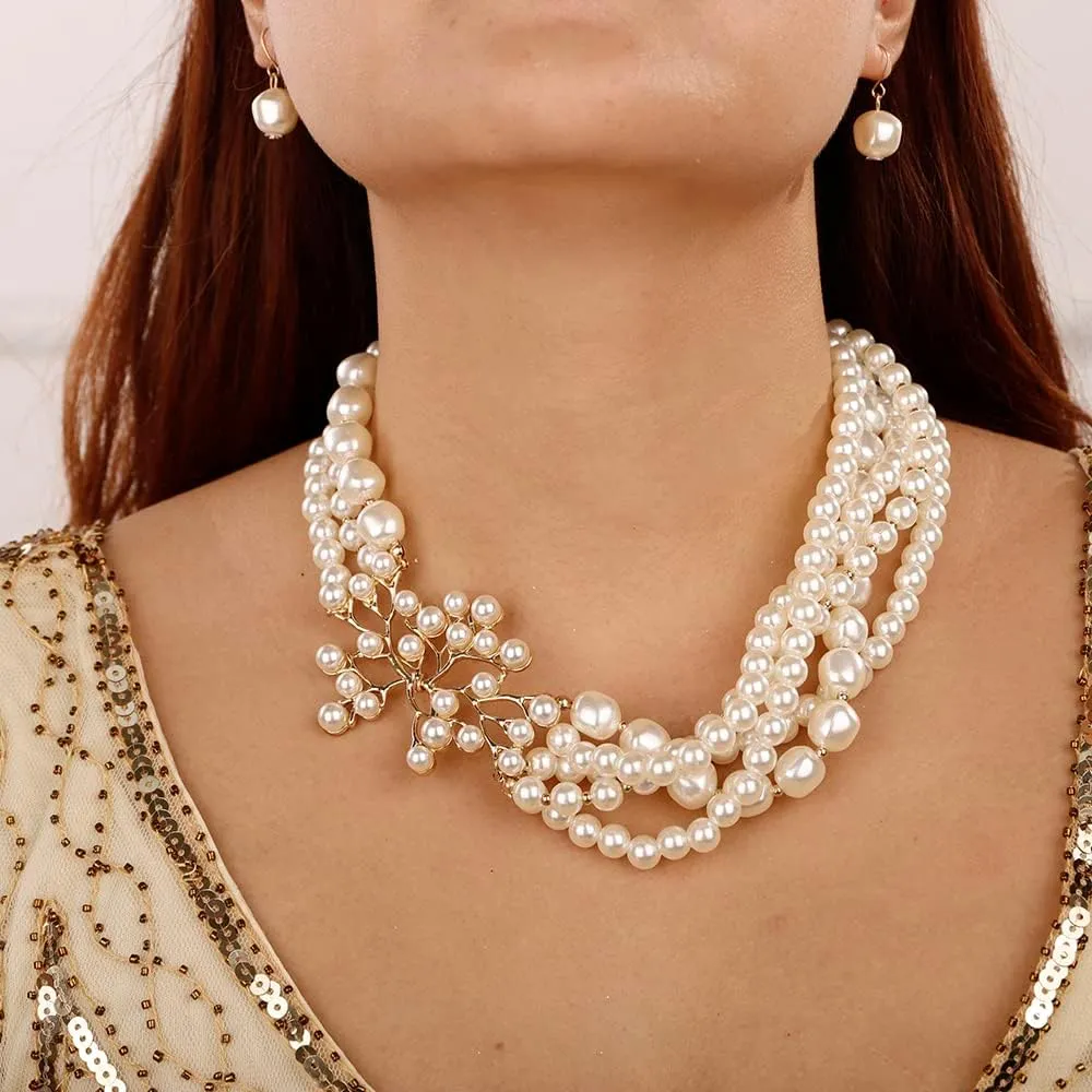 Aimimier 1920s Multilayer Faux Pearl Choker Necklace and Earrings Baroque Pearls with Dainty Coral Design for Women (Style 4)