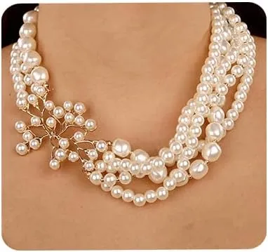 Aimimier 1920s Multilayer Faux Pearl Choker Necklace and Earrings Baroque Pearls with Dainty Coral Design for Women (Style 4)