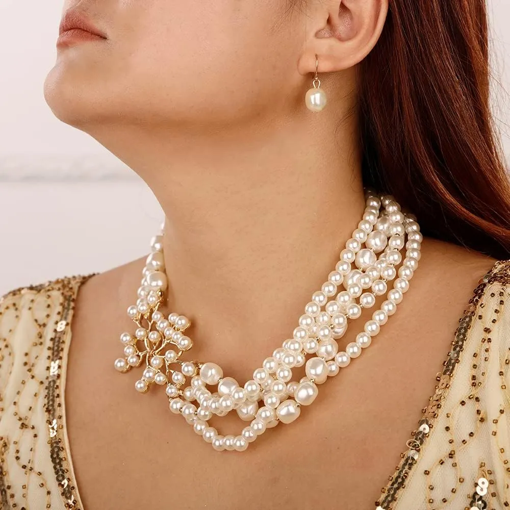 Aimimier 1920s Multilayer Faux Pearl Choker Necklace and Earrings Baroque Pearls with Dainty Coral Design for Women (Style 4)