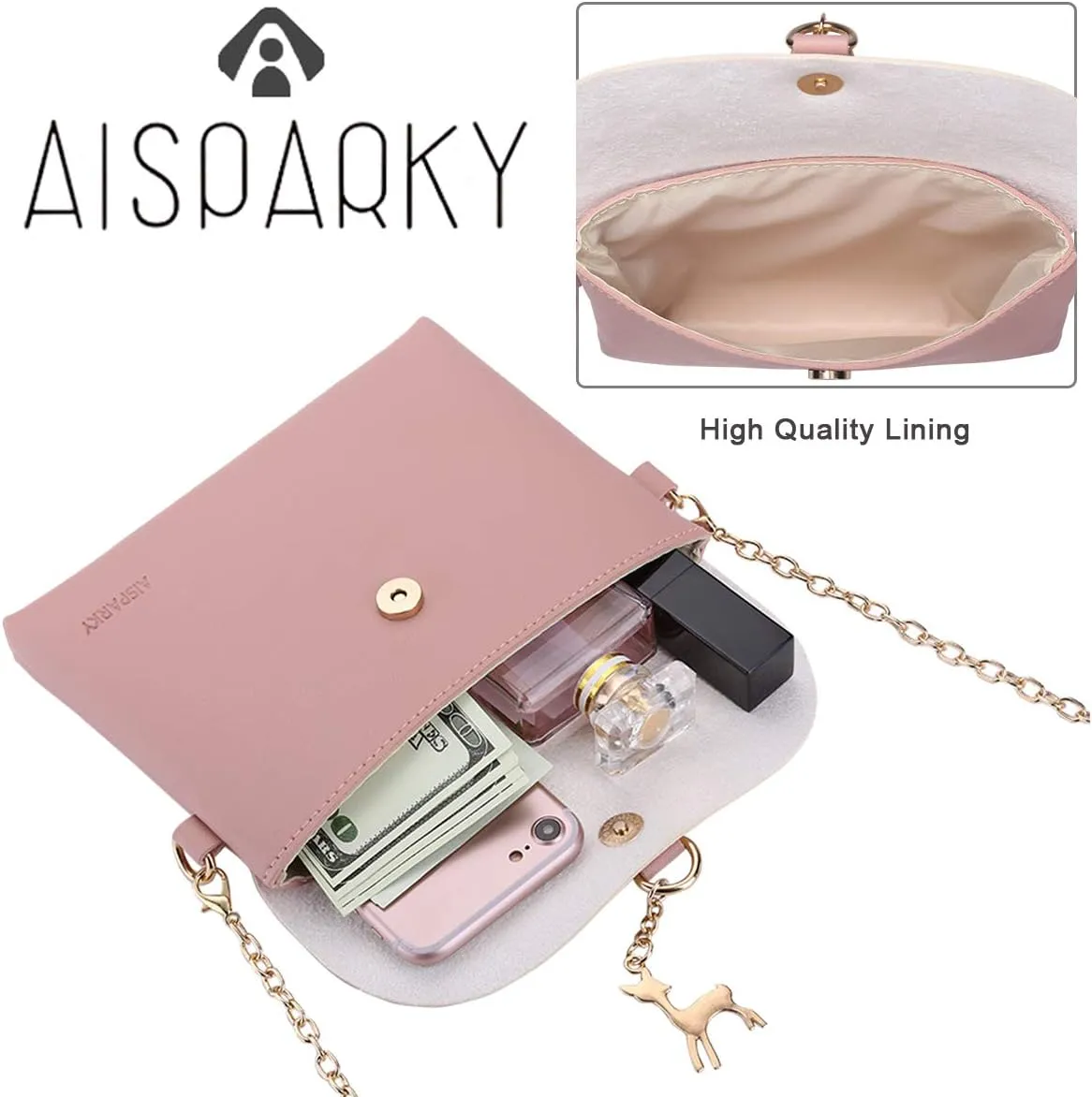 AISPARKY Small Crossbody Purse, PU Leather Small Purse for Girls With Pendant With Strap/Gold Chain Strap