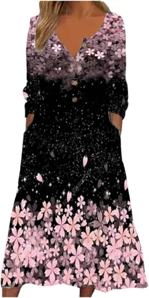 Akivide Women's Button Down V Neck Midi Tshirt Dress Plus Size Boho Summer 3/4 Sleeve Beach Dresses with Pockets 2024