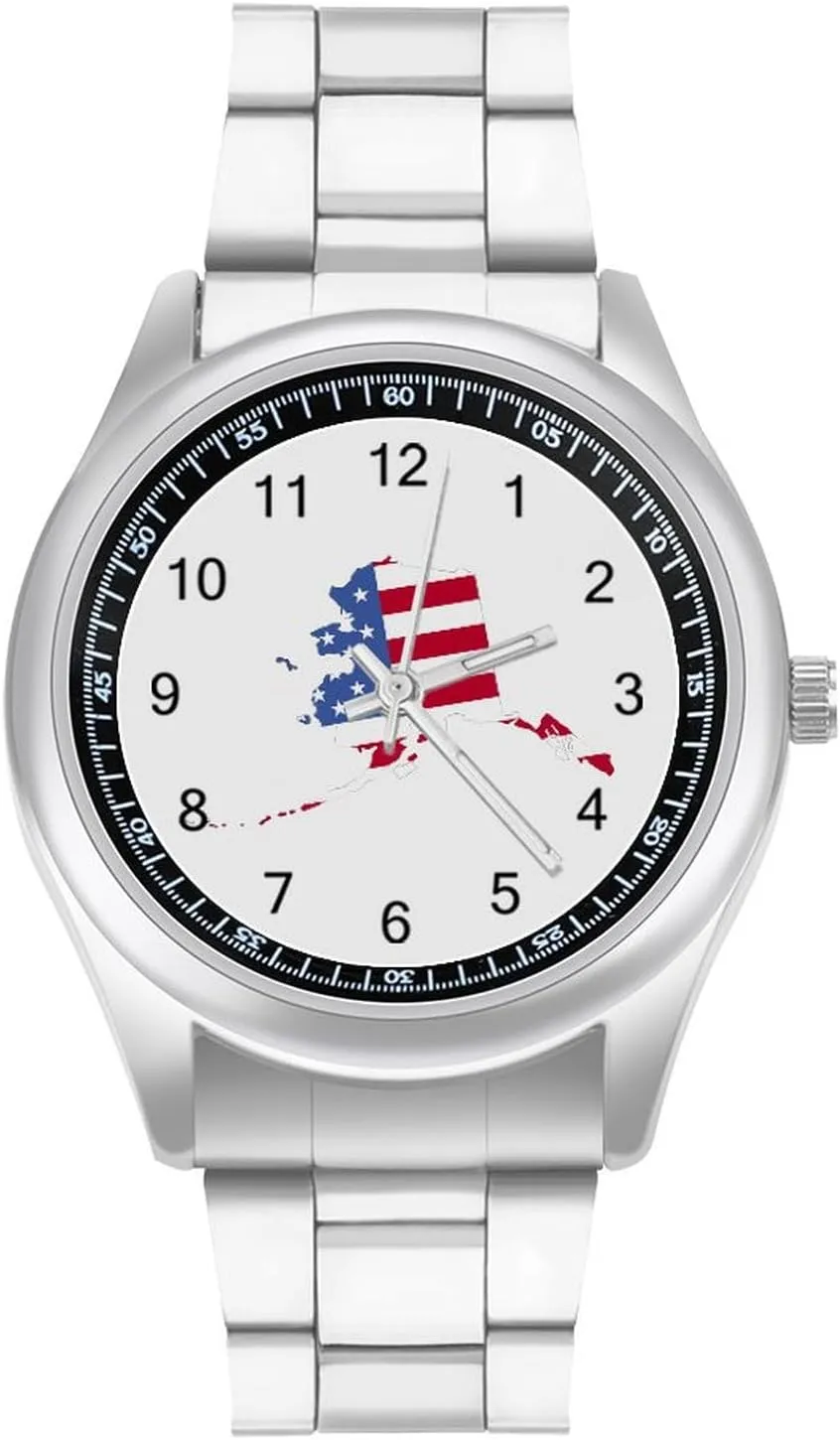 Alaska State Map Flag Stainless Steel Strap Simple Business Watches for Men Easy Reader Work Casual Watch