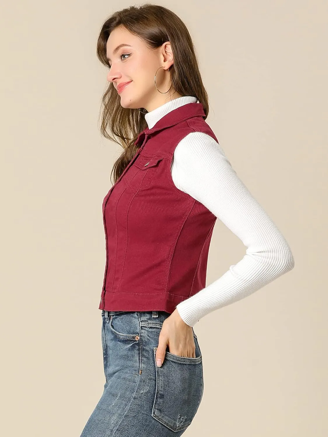 Allegra K Women's Buttoned Washed Denim Vest Jacket W Chest Flap Pockets