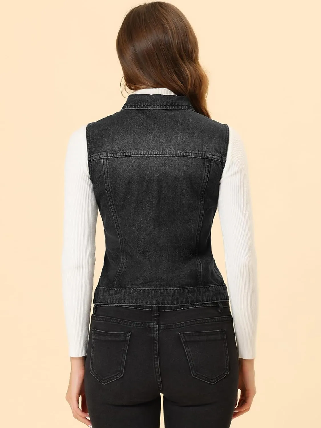 Allegra K Women's Buttoned Washed Denim Vest Jacket W Chest Flap Pockets