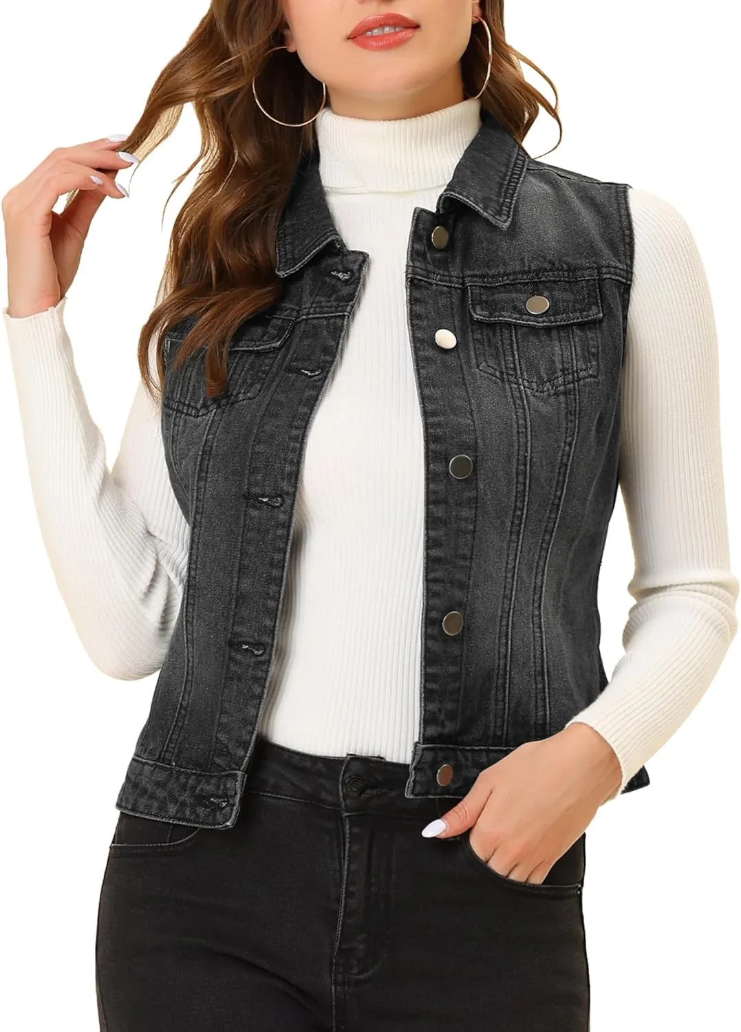 Allegra K Women's Buttoned Washed Denim Vest Jacket W Chest Flap Pockets