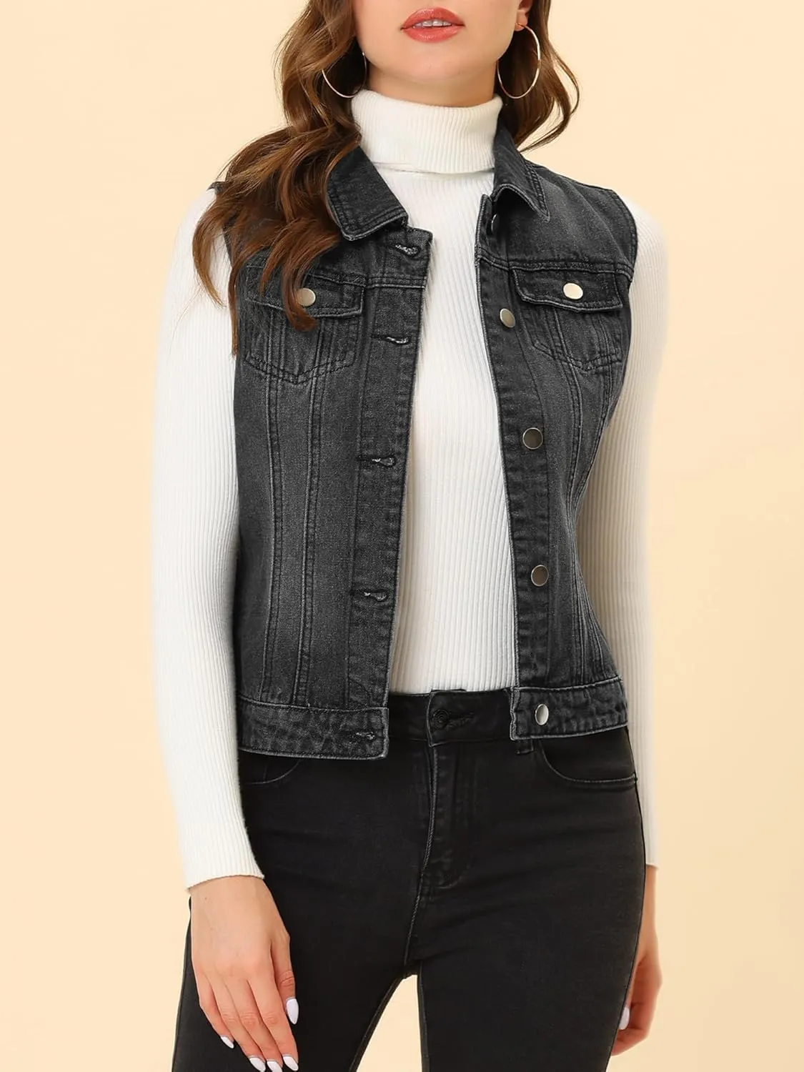 Allegra K Women's Buttoned Washed Denim Vest Jacket W Chest Flap Pockets