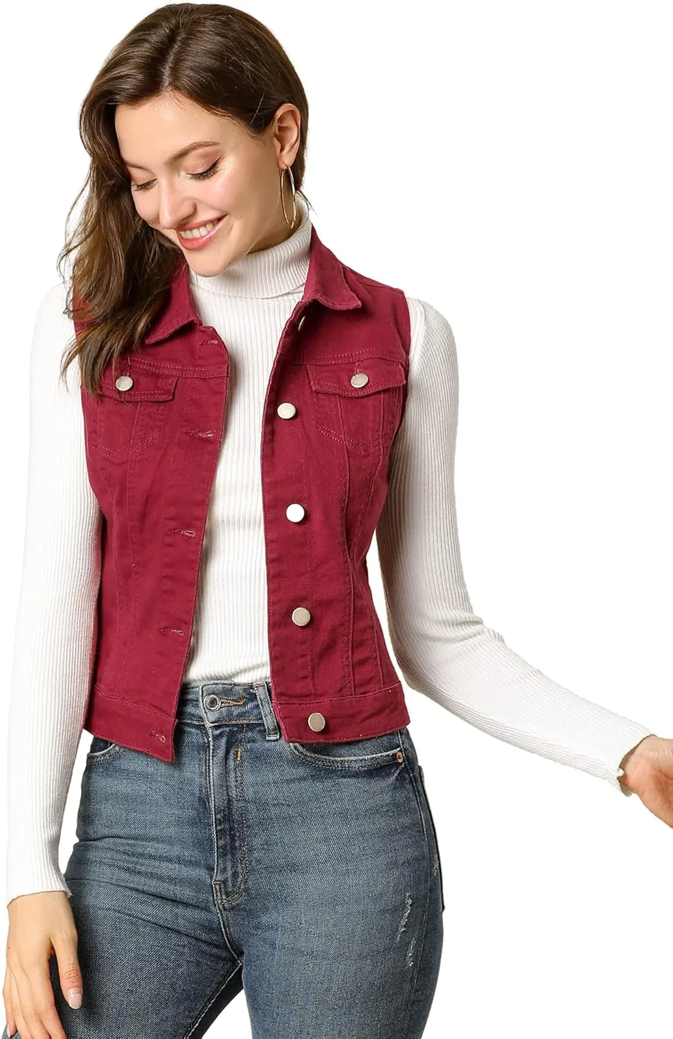 Allegra K Women's Buttoned Washed Denim Vest Jacket W Chest Flap Pockets