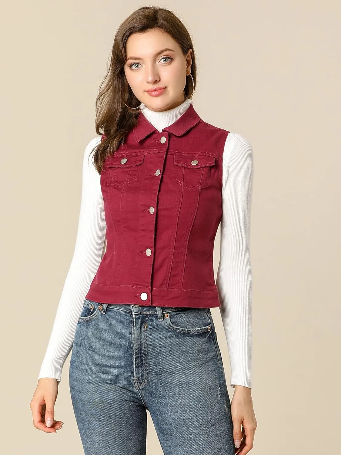 Allegra K Women's Buttoned Washed Denim Vest Jacket W Chest Flap Pockets