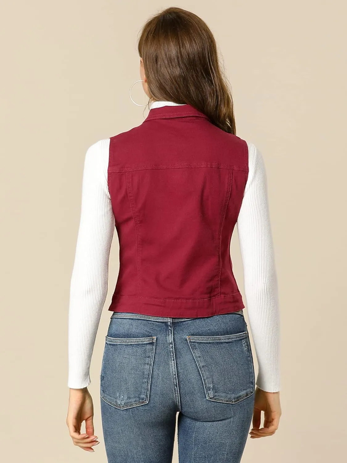 Allegra K Women's Buttoned Washed Denim Vest Jacket W Chest Flap Pockets