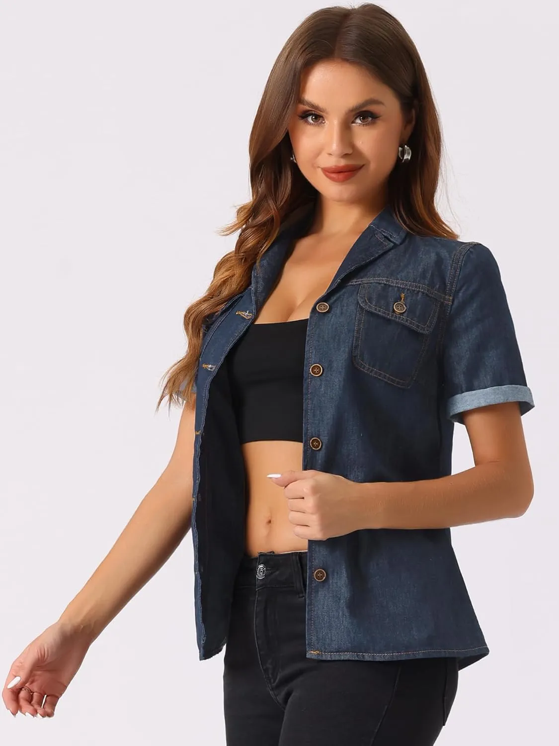 Allegra K Women's Denim Shirt Short Sleeve Button Down Notched Collar Western Pocket Classic Jean Shirt