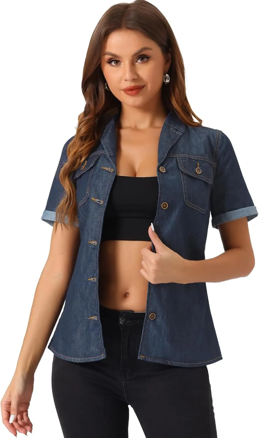 Allegra K Women's Denim Shirt Short Sleeve Button Down Notched Collar Western Pocket Classic Jean Shirt