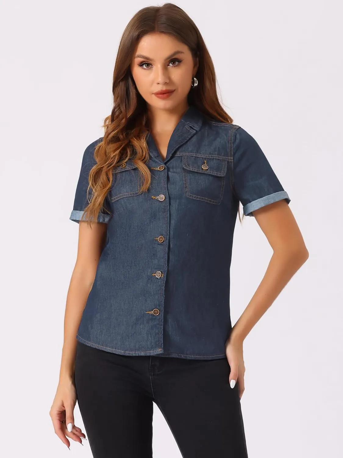 Allegra K Women's Denim Shirt Short Sleeve Button Down Notched Collar Western Pocket Classic Jean Shirt
