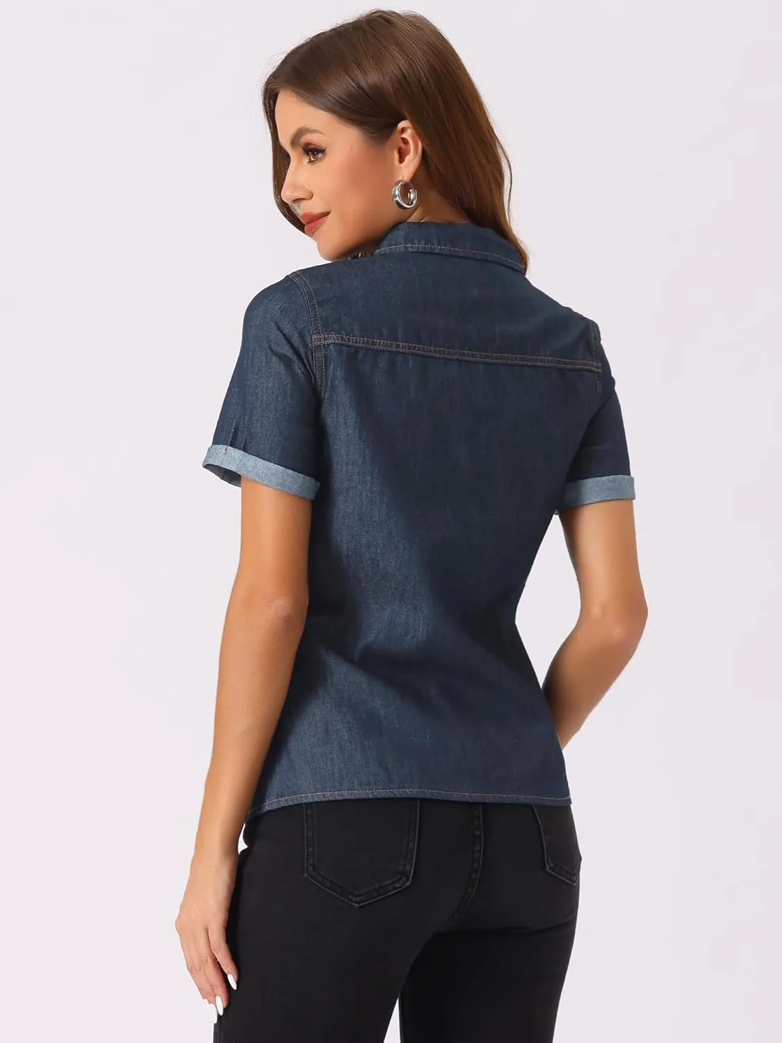 Allegra K Women's Denim Shirt Short Sleeve Button Down Notched Collar Western Pocket Classic Jean Shirt