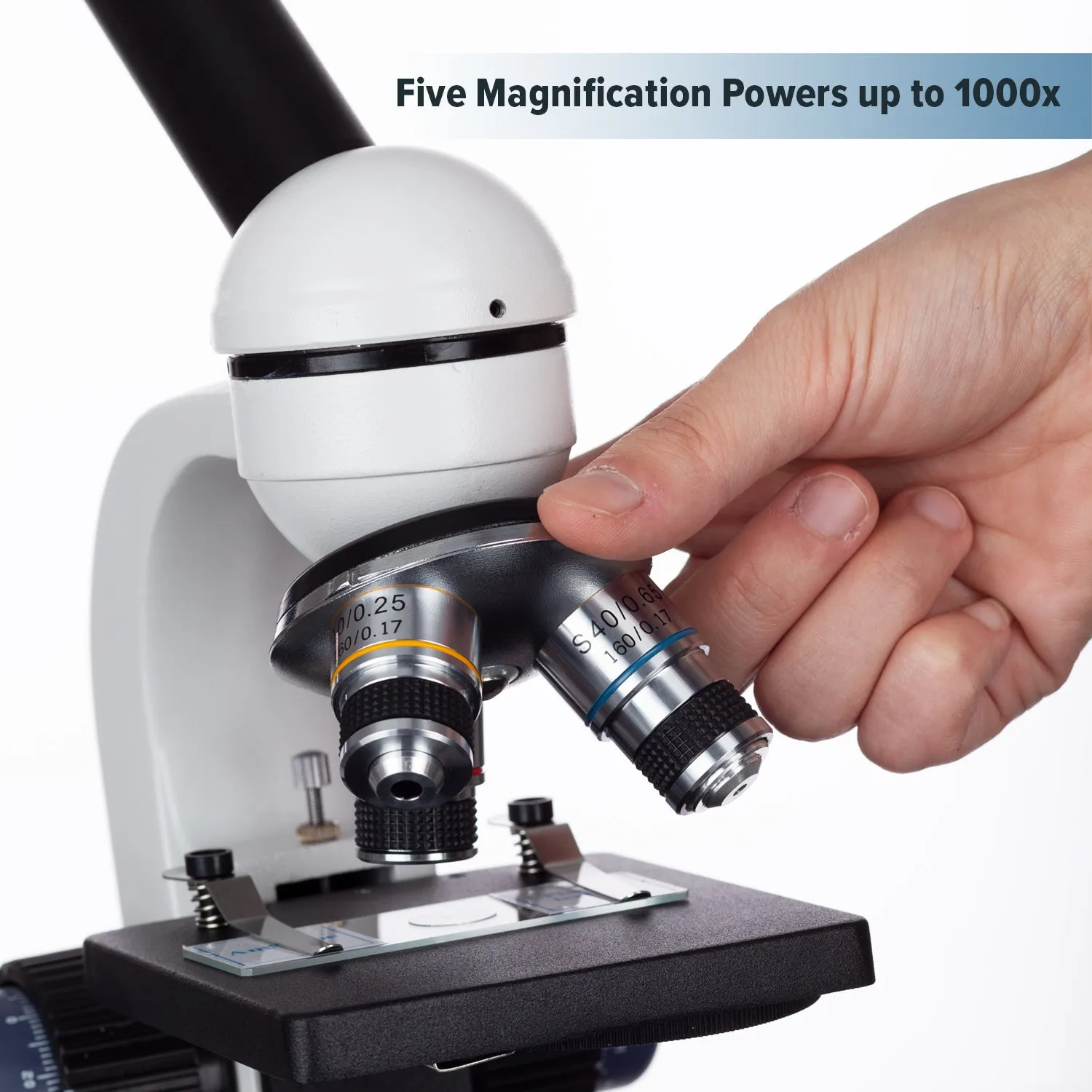 AmScope M150 Series Portable Student Monocular Compound Microscope 40X-1000X Magnification with LED, 100 Prepared Slides, 50 Blank Slides and Microscope Book
