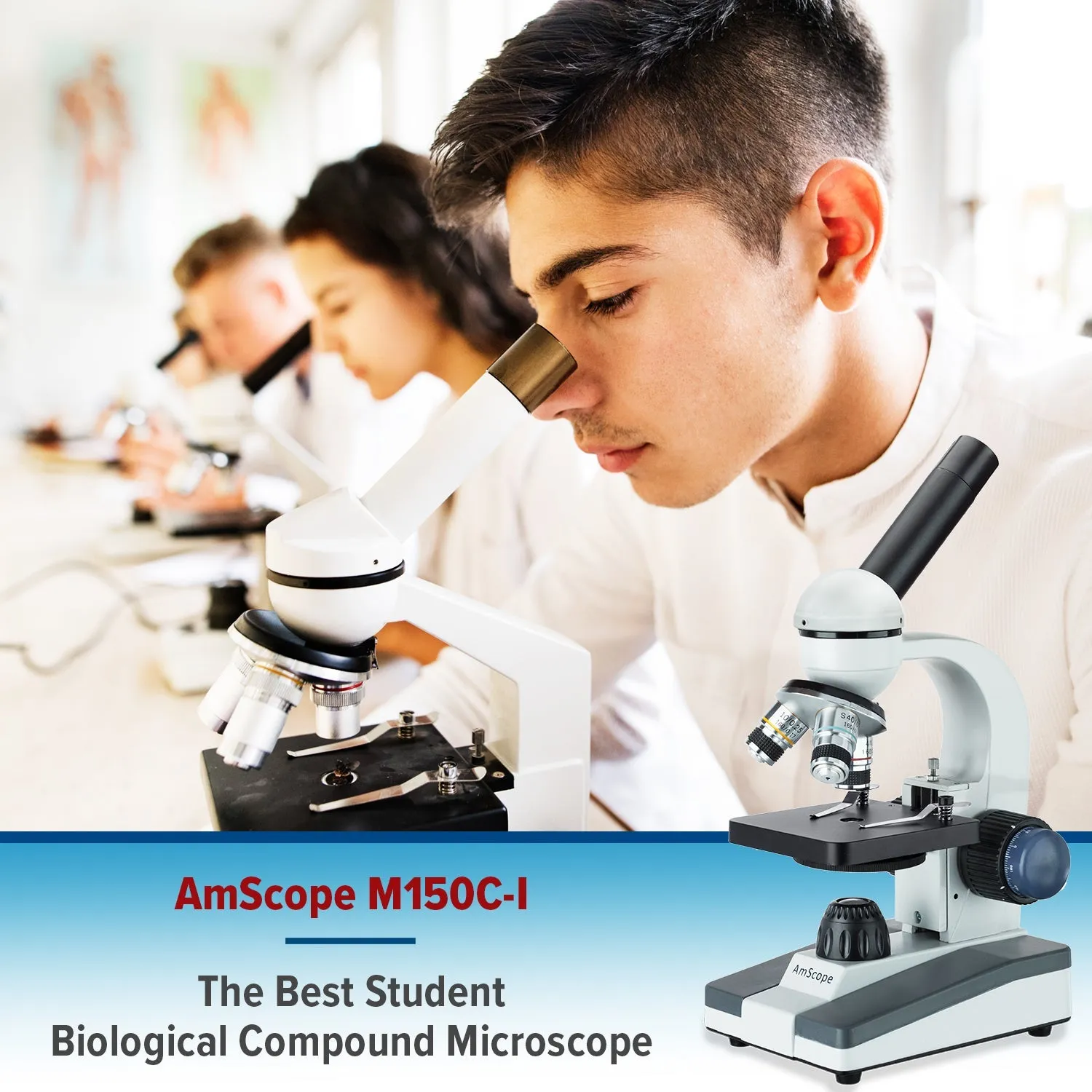 AmScope M150 Series Portable Student Monocular Compound Microscope 40X-1000X Magnification with LED, 100 Prepared Slides, 50 Blank Slides and Microscope Book
