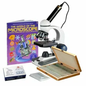 AmScope M150 Series Portable Student Monocular Compound Microscope 40X-1000X Magnification with LED, 1MP USB Eyepiece Camera, 100 Prepared Slides, 50 Blank Slides and Microscope Book