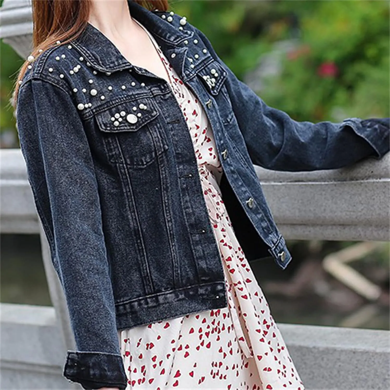 Andongnywell Women Oversized Denim Jacket Beading Jeans Ladies Oversized Denim Jacket Pearls Jeans Coat