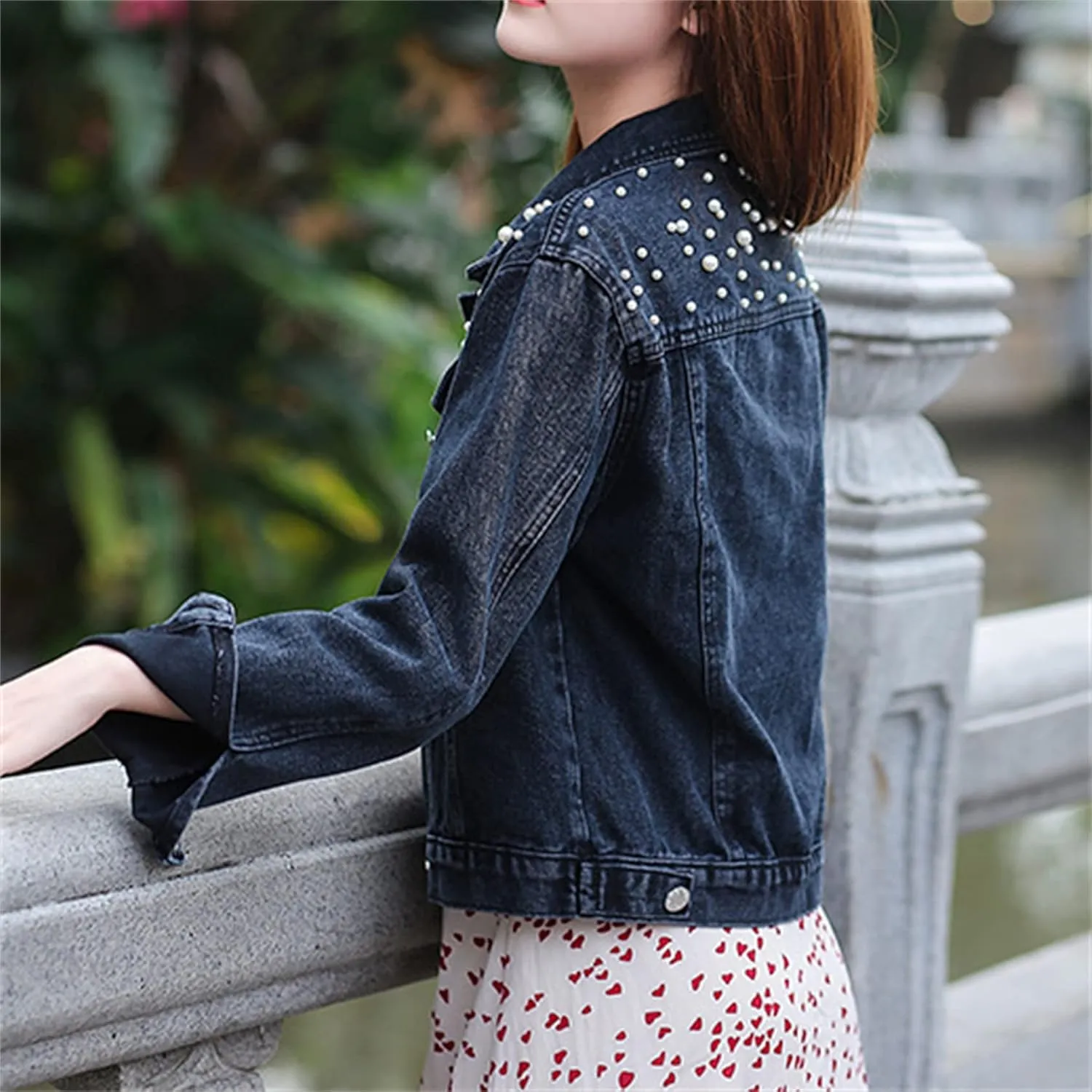 Andongnywell Women Oversized Denim Jacket Beading Jeans Ladies Oversized Denim Jacket Pearls Jeans Coat