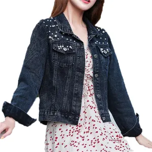 Andongnywell Women Oversized Denim Jacket Beading Jeans Ladies Oversized Denim Jacket Pearls Jeans Coat