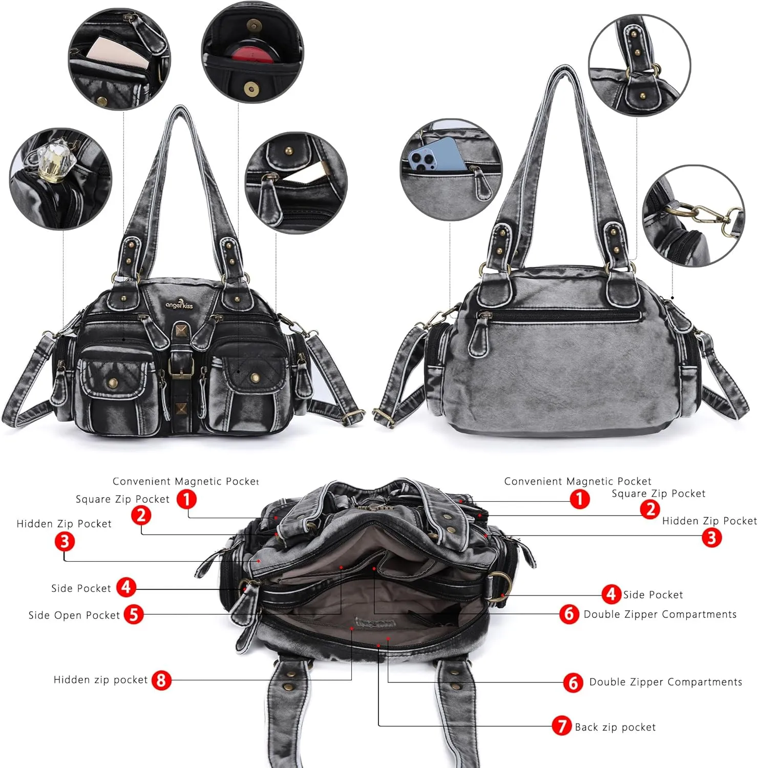 Angel Kiss Hobo Crossbody Purses for Women Shoulder Bag Multipocket Soft Hobo Purses Removable Strap Leather Handbags