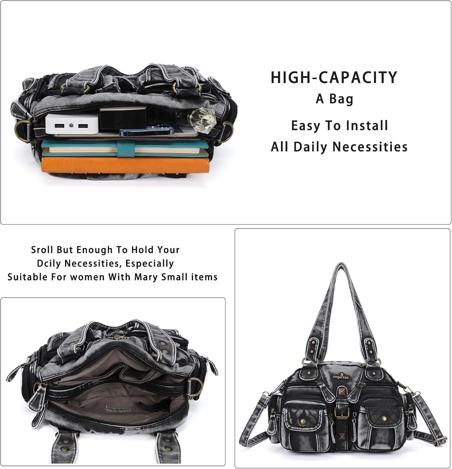 Angel Kiss Hobo Crossbody Purses for Women Shoulder Bag Multipocket Soft Hobo Purses Removable Strap Leather Handbags