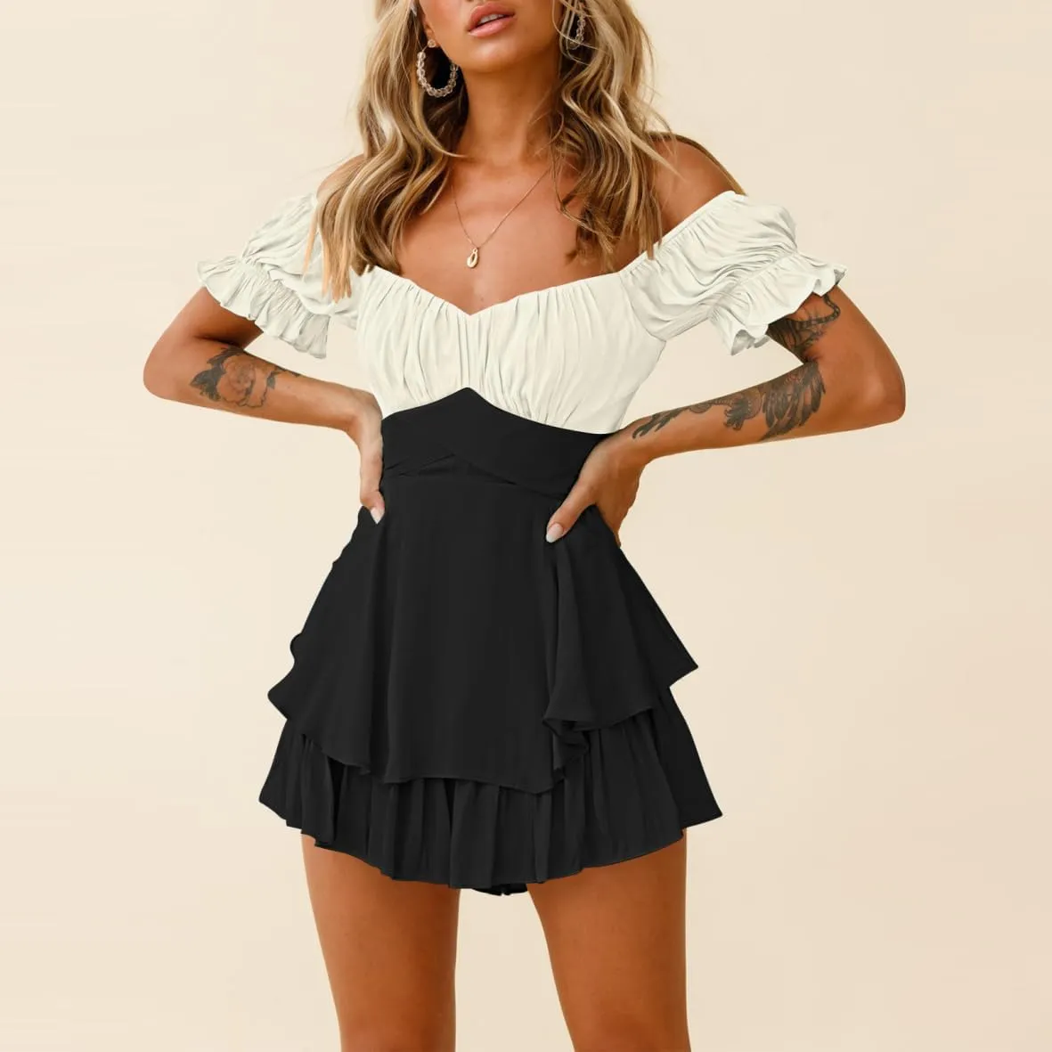 AOHITE Womens Summer Tube Top Dress Off-Shoulder Ruffled Flowy Mini Short Dresses