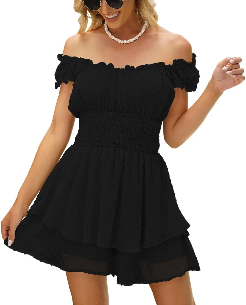 AOHITE Womens Summer Tube Top Dress Off-Shoulder Ruffled Flowy Mini Short Dresses