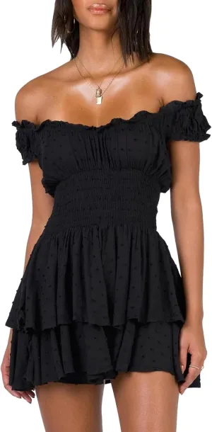 AOHITE Womens Summer Tube Top Dress Off-Shoulder Ruffled Flowy Mini Short Dresses