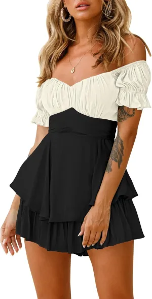 AOHITE Womens Summer Tube Top Dress Off-Shoulder Ruffled Flowy Mini Short Dresses