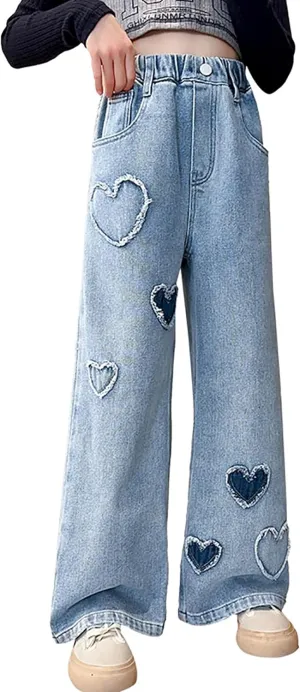 AOWKULAE Girls Jeans Elastic Waist Wide Leg Pants Kids Jeans 4-14 Years