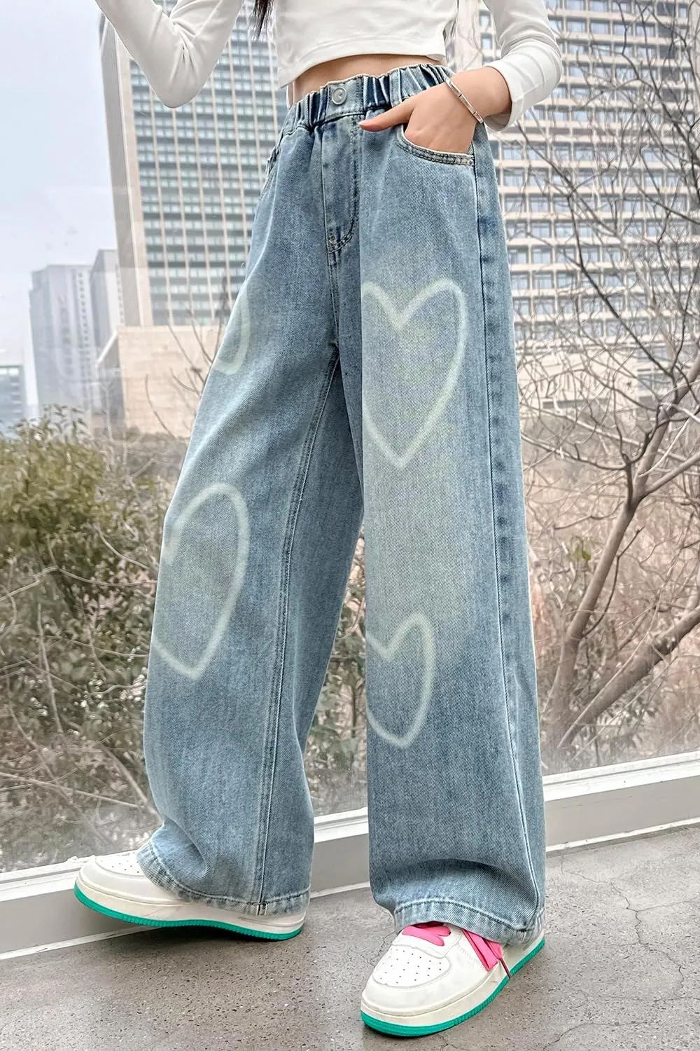 AOWKULAE Girls Jeans Elastic Waist Wide Leg Pants Kids Jeans 4-14 Years