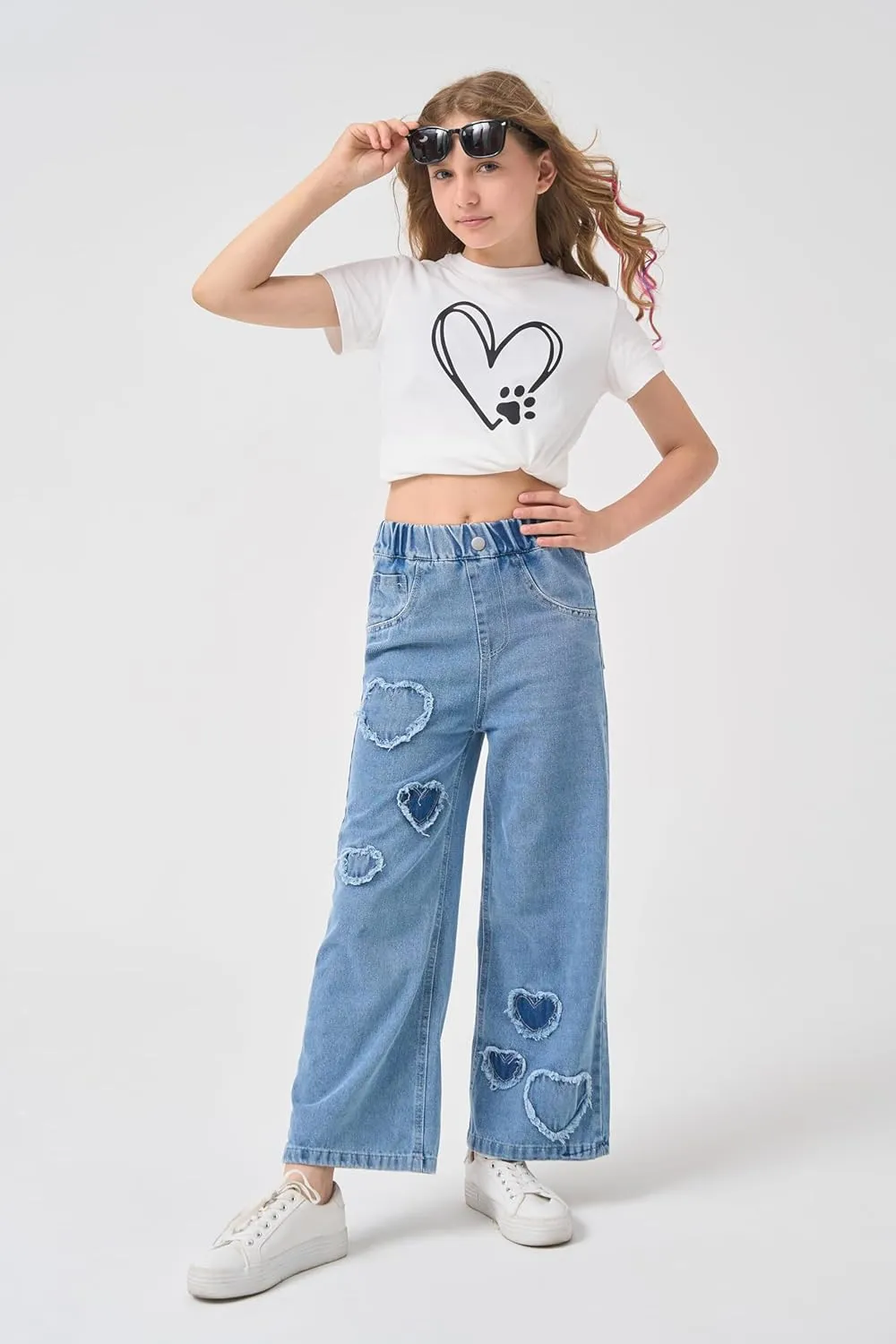 AOWKULAE Girls Jeans Elastic Waist Wide Leg Pants Kids Jeans 4-14 Years